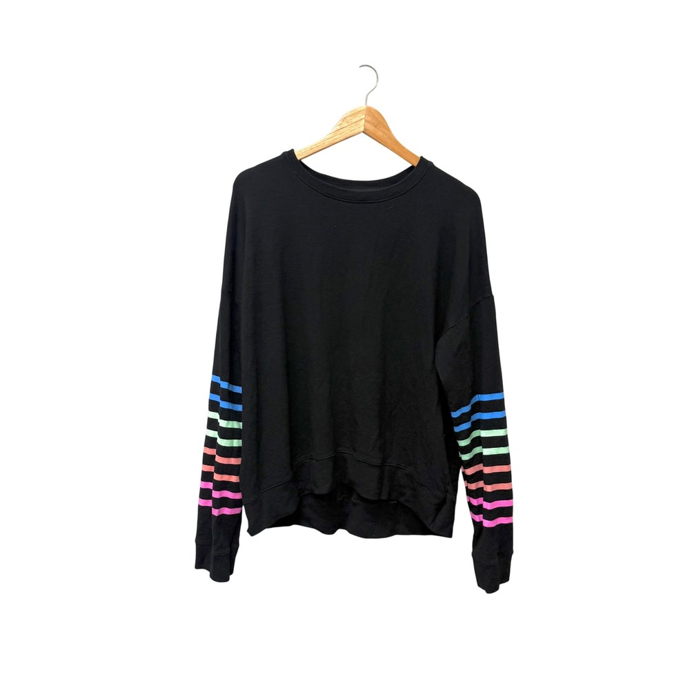 SUNDRY‎ Black Crewneck Sweatshirt Rainbow Stripe Sleeve Detail Women's Size XL